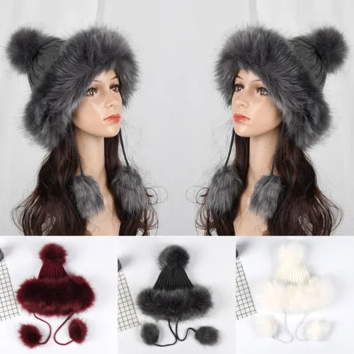 Woman Faux Fur Hat, Pure Color Pom Pom Fleece Lined Knit Beanie