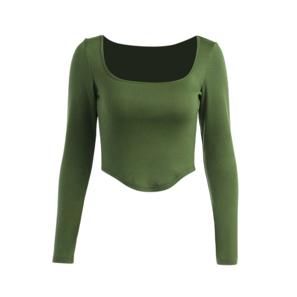 Women's Tops, U-Neck Long Sleeve Solid Color Slim Knitted T-shirt