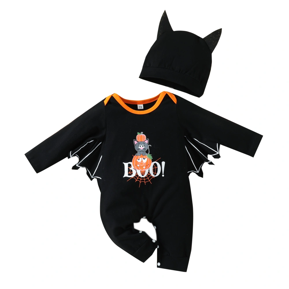 Infant Halloween Romper, Black Print Batwing Sleeve Jumpsuit