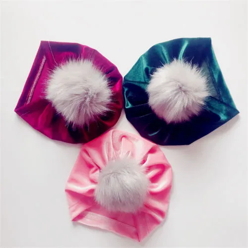 Babies Adorable Hats, Solid Color Turban Bandana Headband, Front Fluffy Ball Cap