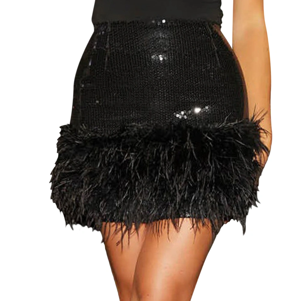 Women Shiny Sequins Mini Skirt Plush Hem Elastic Bodycon A-line Skirt