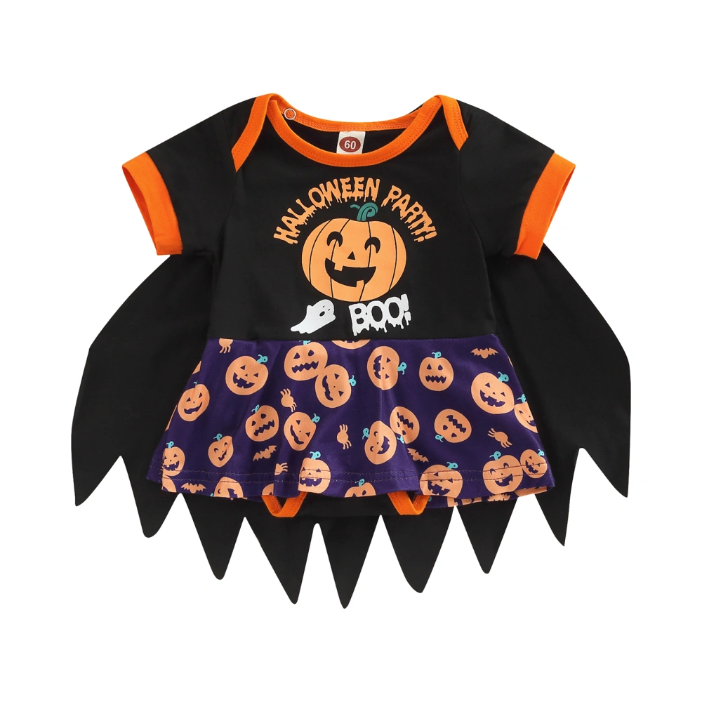 Baby Girls Halloween Romper, Pumpkin Print Short Sleeve Cloak Bodysuit