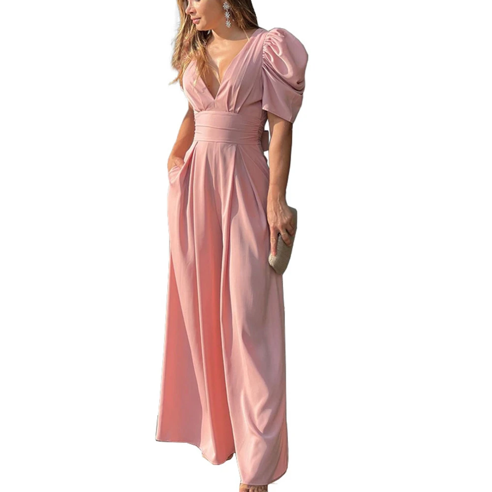 Women Jumpsuit Puff Sleeve V-neck Hollowed Waist Tie Wide Leg Pants