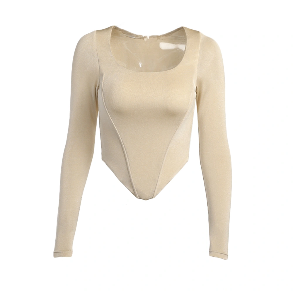 Ladies Autumn Long Sleeve Tops, Solid Color U-neck Slim Blouse