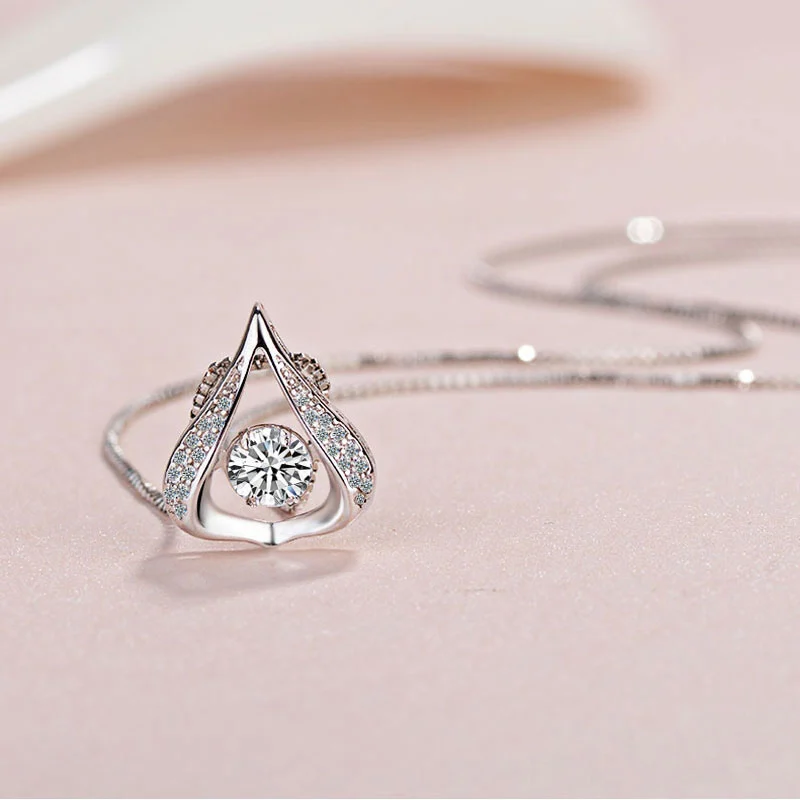 Ladies Pendant Shiny Rhinestone Hollow Heart Water Drop Necklace