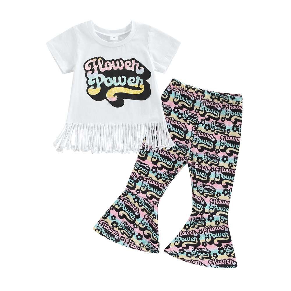 Girls 2Pcs Clothes, Crew Neck Fringed Tops + Bell-Bottom Trousers