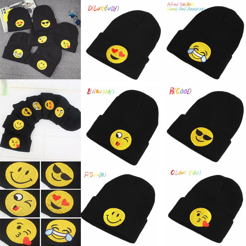 Unisex Cap Stretch Knitted Cartoon Emoji Embroidery Cute Hat