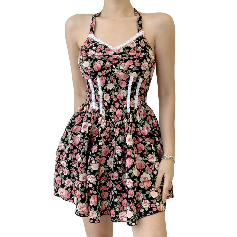 Women Halter V-neck Dress, Black Flower Print Sleeveless Ruffled Skirt