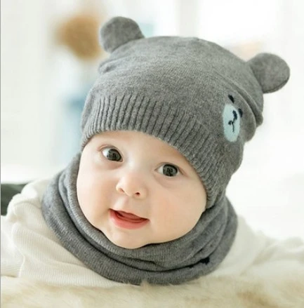 Baby Hat & Scarf Suit, Knitted Ears Bear Beanie Hat, Claw Round Scarf
