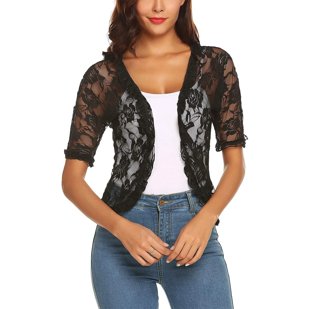 Women Summer Cardigan, Lace Flower Embroidery Short Sleeve Cover-Ups