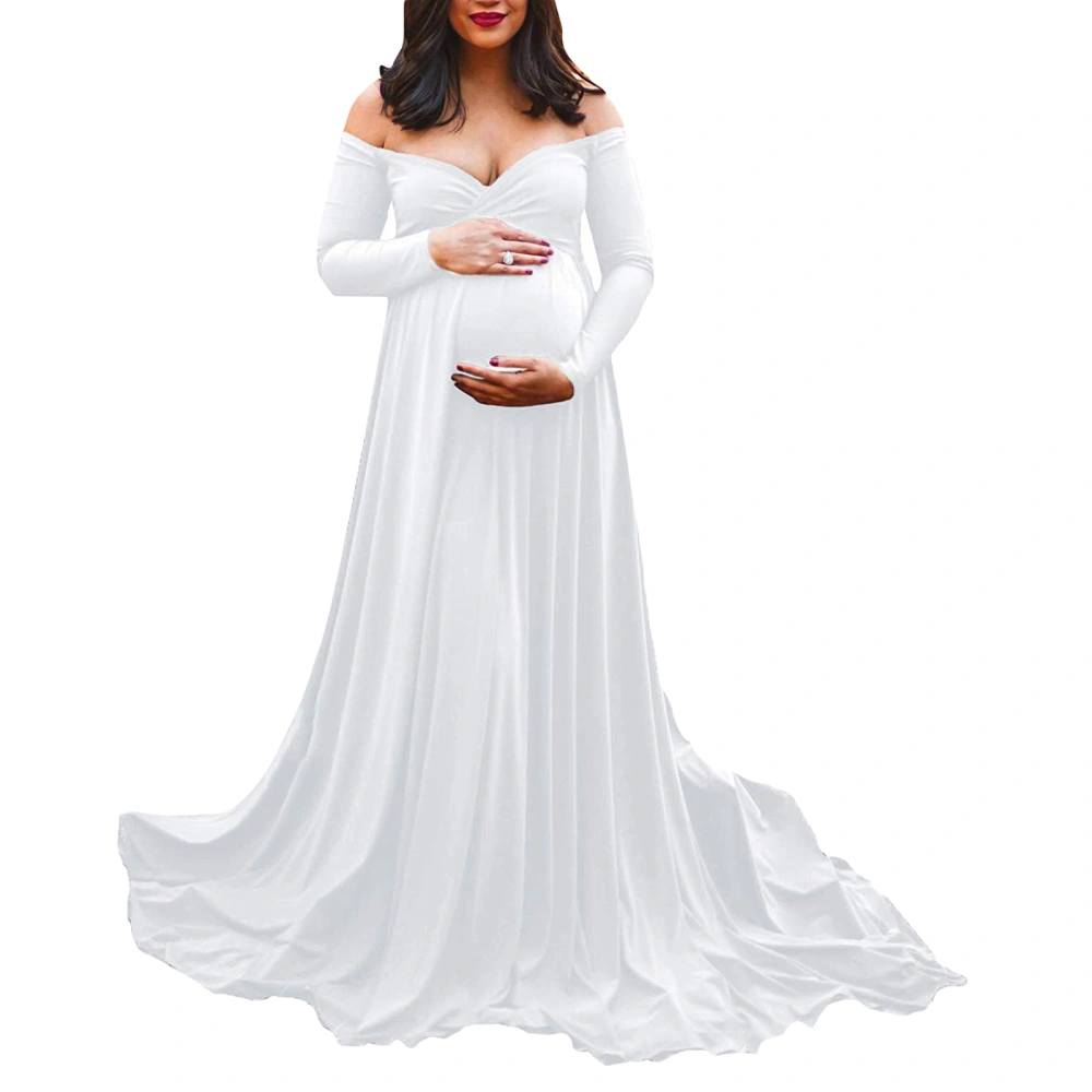 Maternity Off-Shoulder Long Dress Solid Color V-Neck Pregnancy Dress