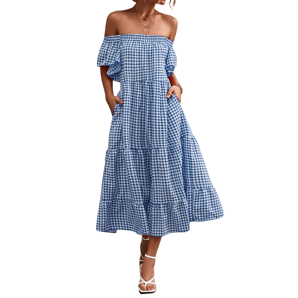 Women's Summer Short Sleeve Off Shoulder High Waist Plaid Dress