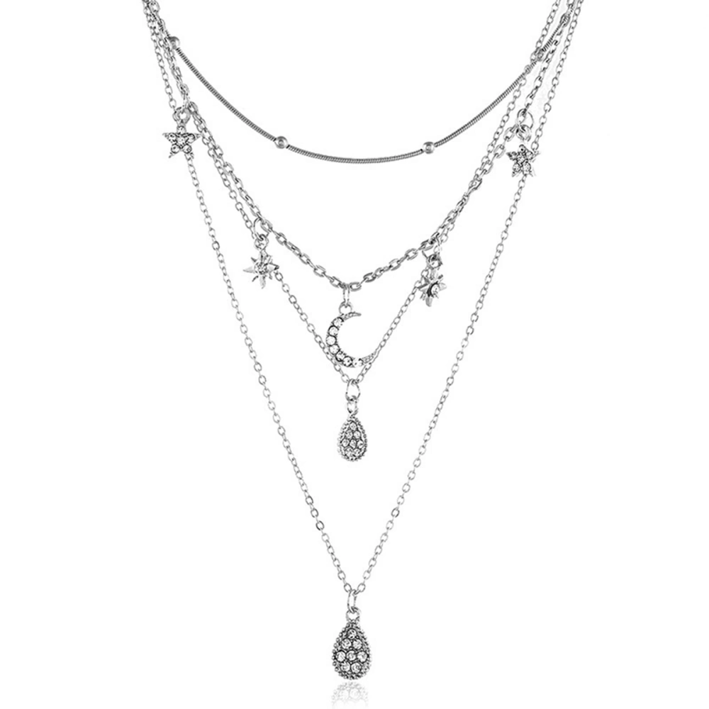 Women Multi-Layer Necklace, Star Moon Rhinestone Inlaid Necklace