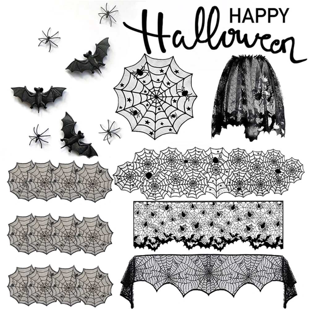 16 Pcs Halloween Ornaments, Spider Web Fireplace Mantel Tablecloth Set