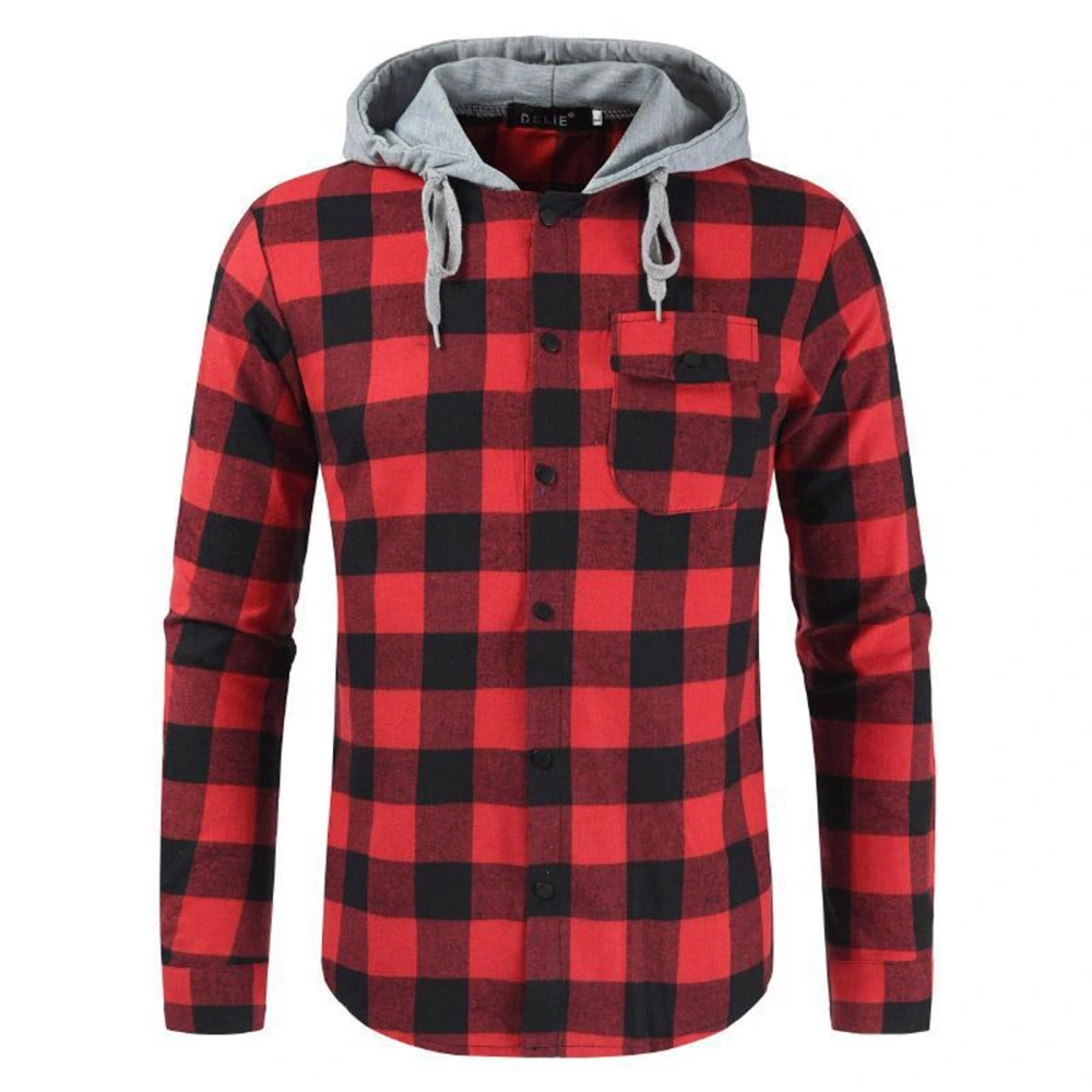 Men Casual Hooded Coat, Plaid Printed Pattern Button-down Jacket