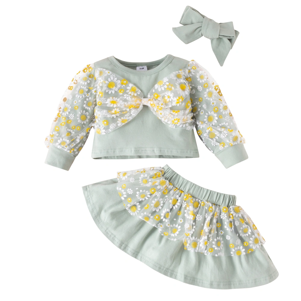 Daisy Pattern Long Sleeve Round Neck Sweatshirt + Skirt + Bow Headband