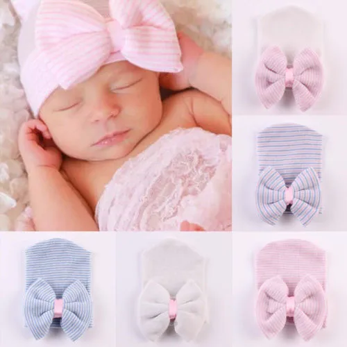 Newborn Toddler Infant Hats Girl Boys Colorful Striped Bow Knot Cap