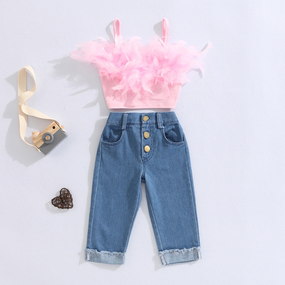 Girls Pink Sleeveless Feather Camisole + Denim Pants with Pockets