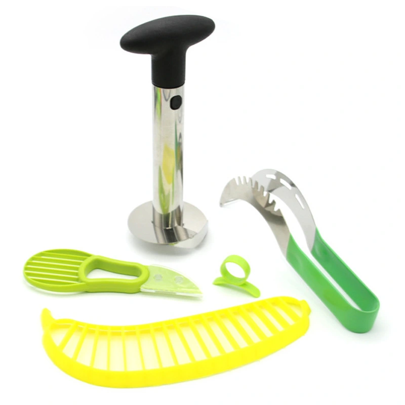 1 * Stainless Steel Pineapple Knife 
    1 * Watermelon Meat Picker 
    1 * Orange Peeler 
    1 * Avocado Cutter 
    1 * Banana Slicer