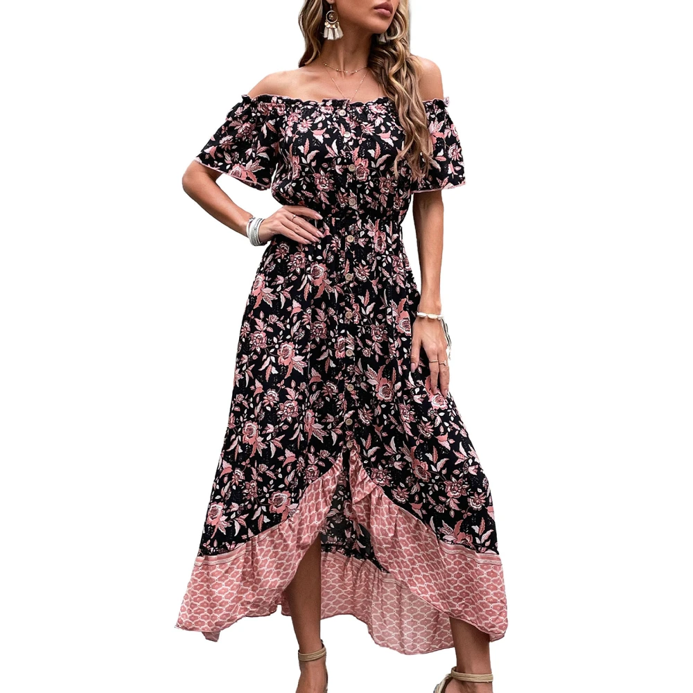 Women Summer Boho Dress, Off Shoulder Ruffle Hem Skirt Beachwear