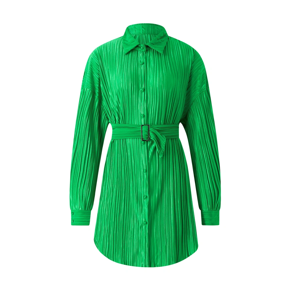 Women Shirt Dress, Long Sleeve Button-down Solid Fall Dress with Belt