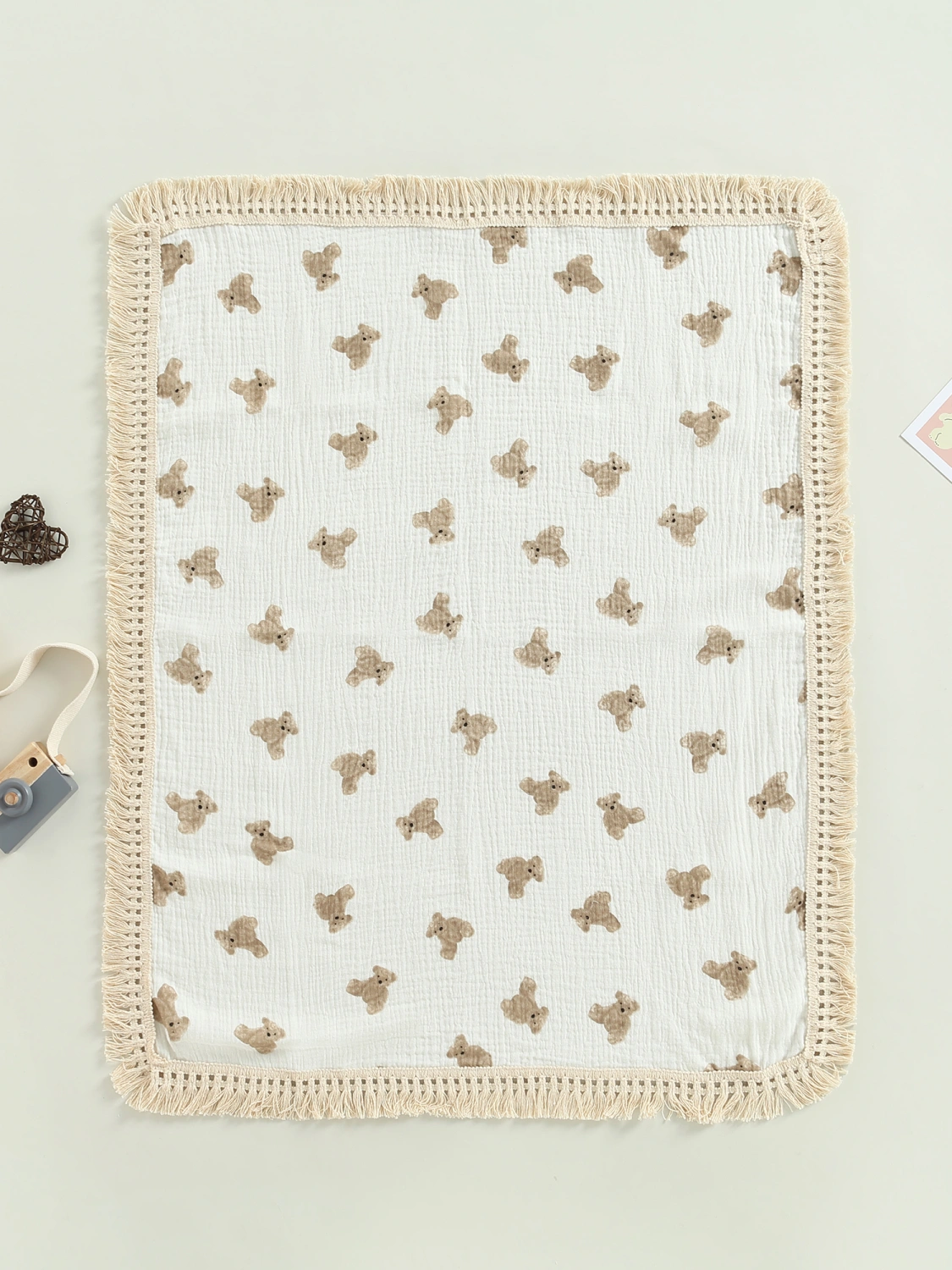 Baby Receiving Blanket with Fringe, Bear Print Swaddle Blanket