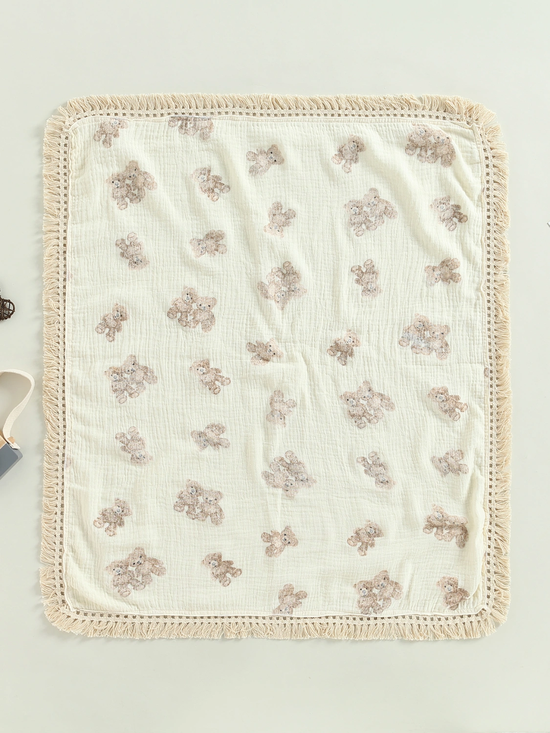 Baby Receiving Blanket with Fringe, Bear Print Swaddle Blanket