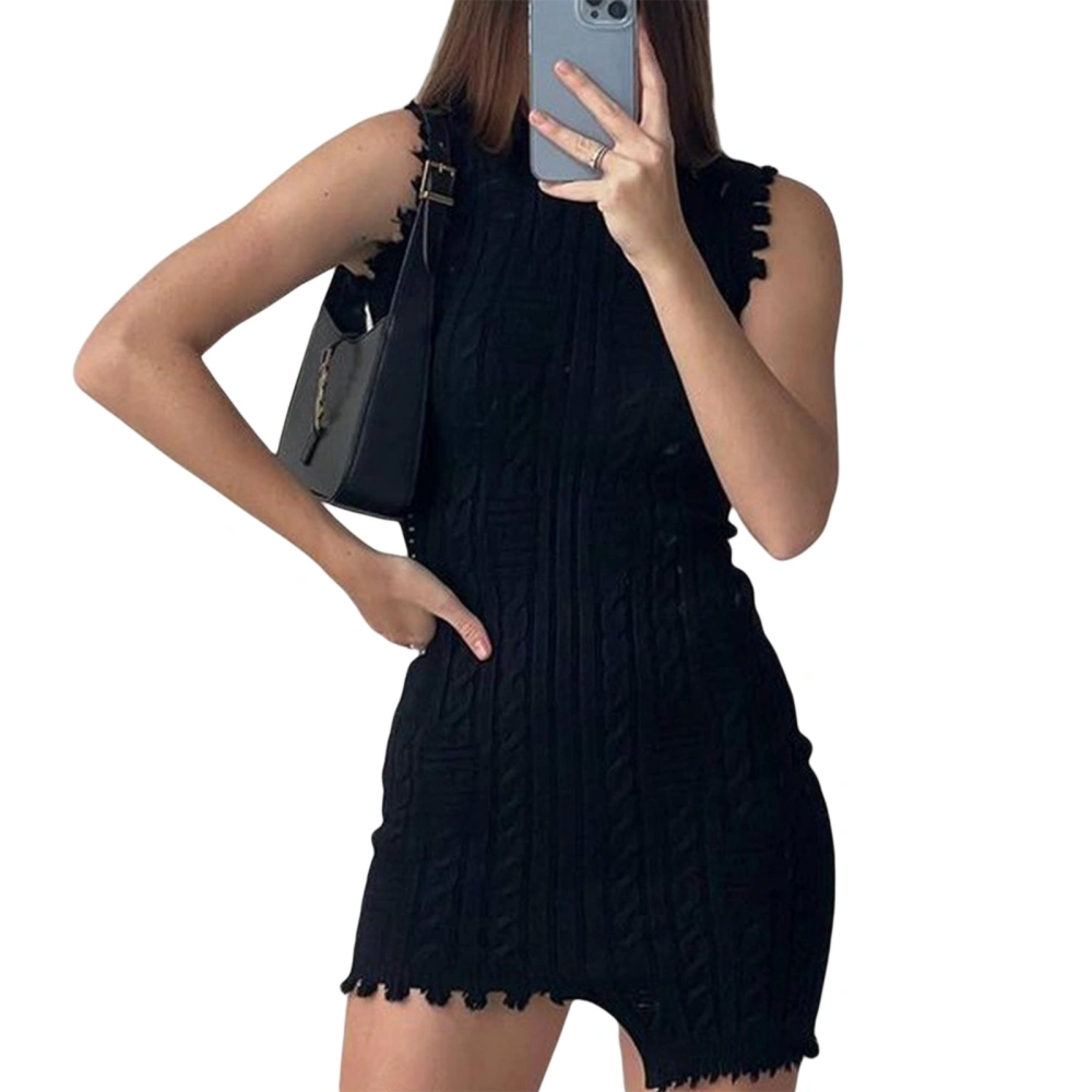 Women Sleeveless Short Dress, Pure Color Crew Neck Knitted Dress