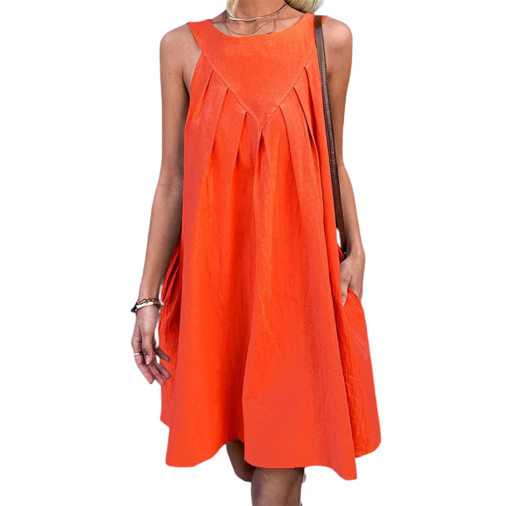 Women Sleeveless Pleated Dress, Solid Color Round Neck One-piece