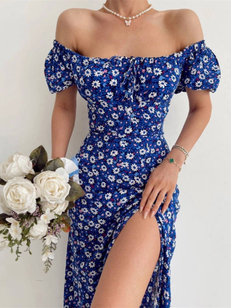 Women Short Sleeve Dress with Floral Print, Square Neck Clothing