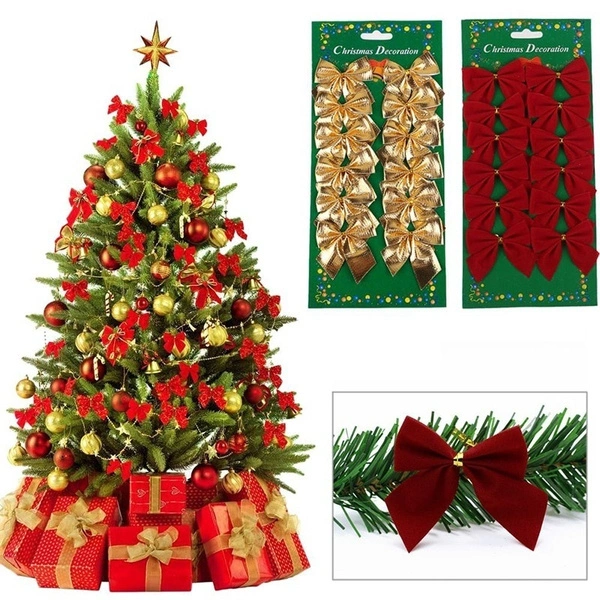 12 Pcs Cute Christmas Tree Bow Wreath Bowknot Holiday Festival Ornaments