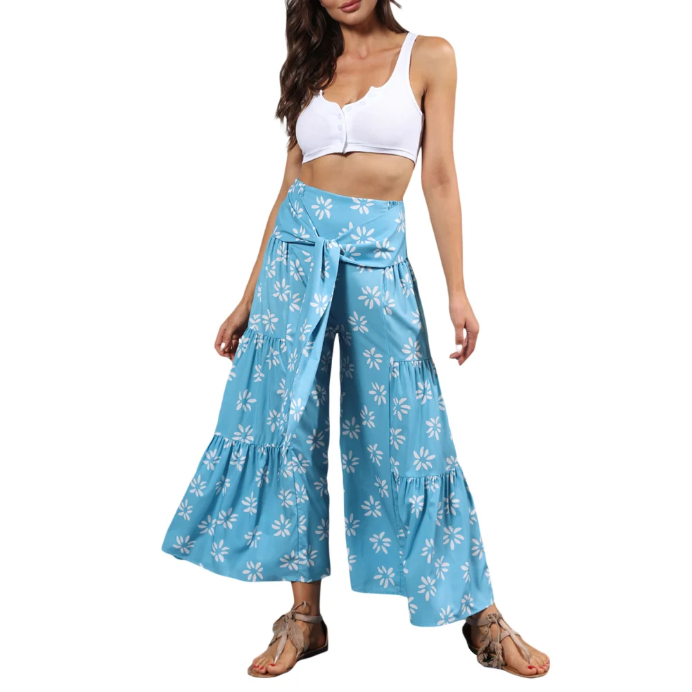 Women Beach Trousers, Front Bandage High Waist Wide-leg Pants