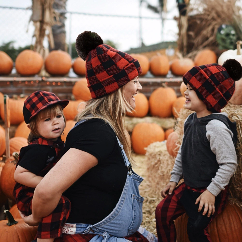 Matching Hats, Fluffy Ball Plaid Hats, Winter Warm Crochet Knit Beanie Cap