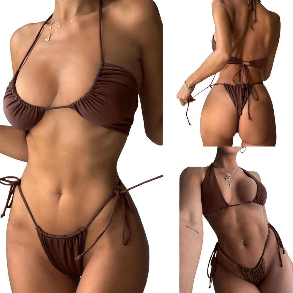 Women’s Solid Color Halter Tops and Tie-up Thong Bikini Suits