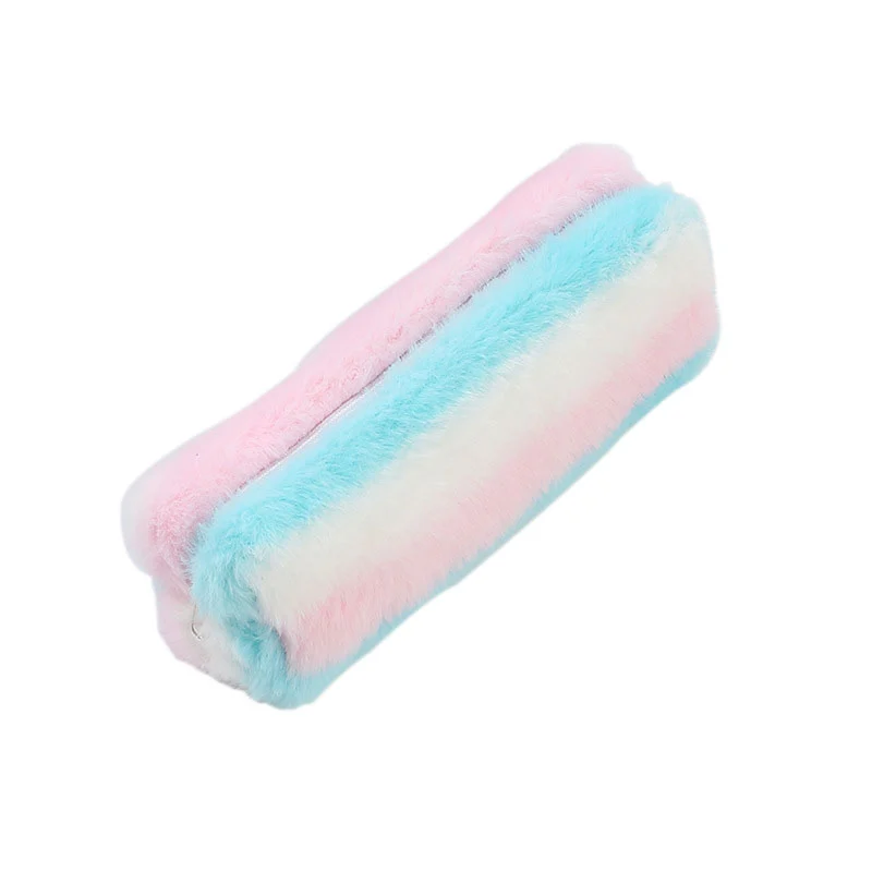 Kids Rainbow Plush Pencil Case Stripe/Wave Pattern Large Capacity Pen Bags