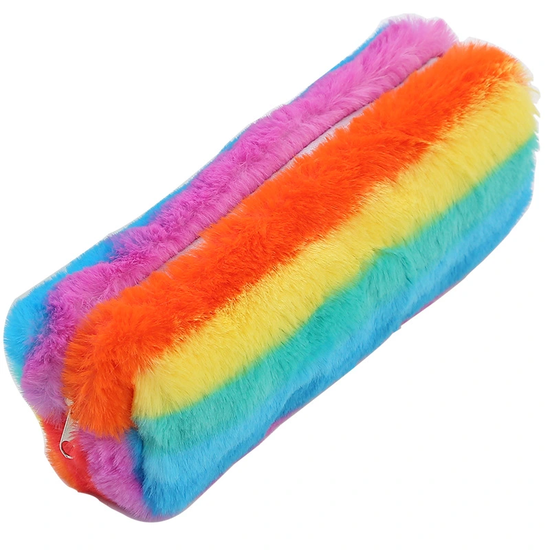 Kids Rainbow Plush Pencil Case Stripe/Wave Pattern Large Capacity Pen Bags