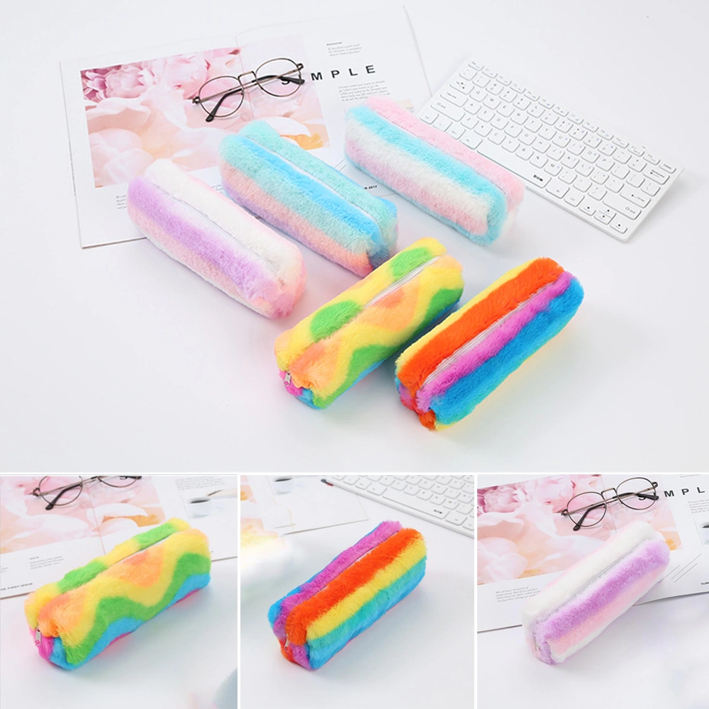 Kids Rainbow Plush Pencil Case Stripe/Wave Pattern Large Capacity Pen Bags