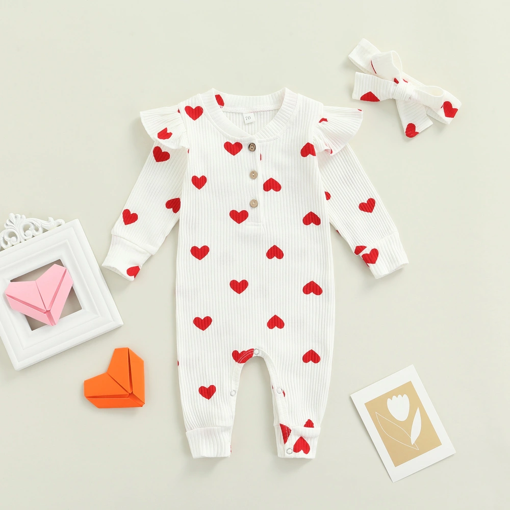 Infant Girls Clothes Set, Heart Print Romper and Bow Knot Headdress