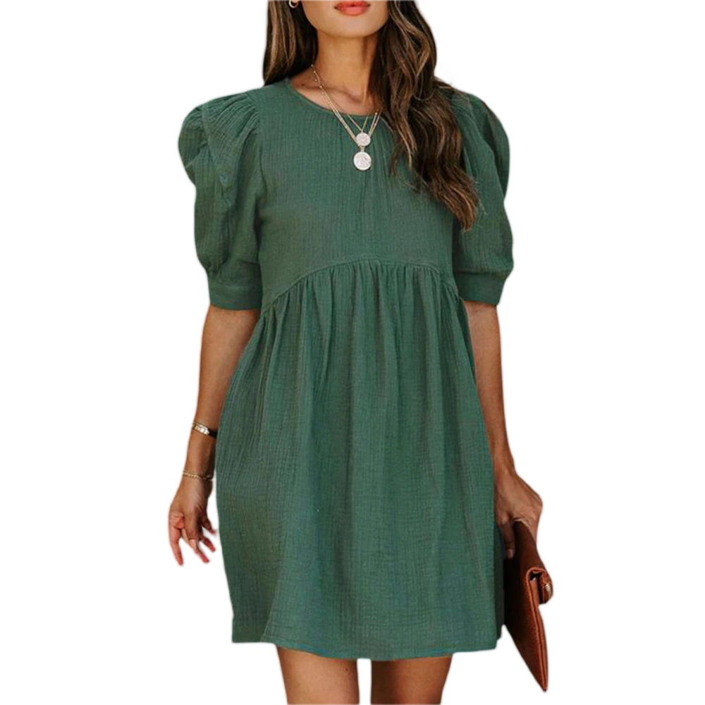 Women Casual Dress Solid Color Loose Puff Short Sleeve Summer Dress