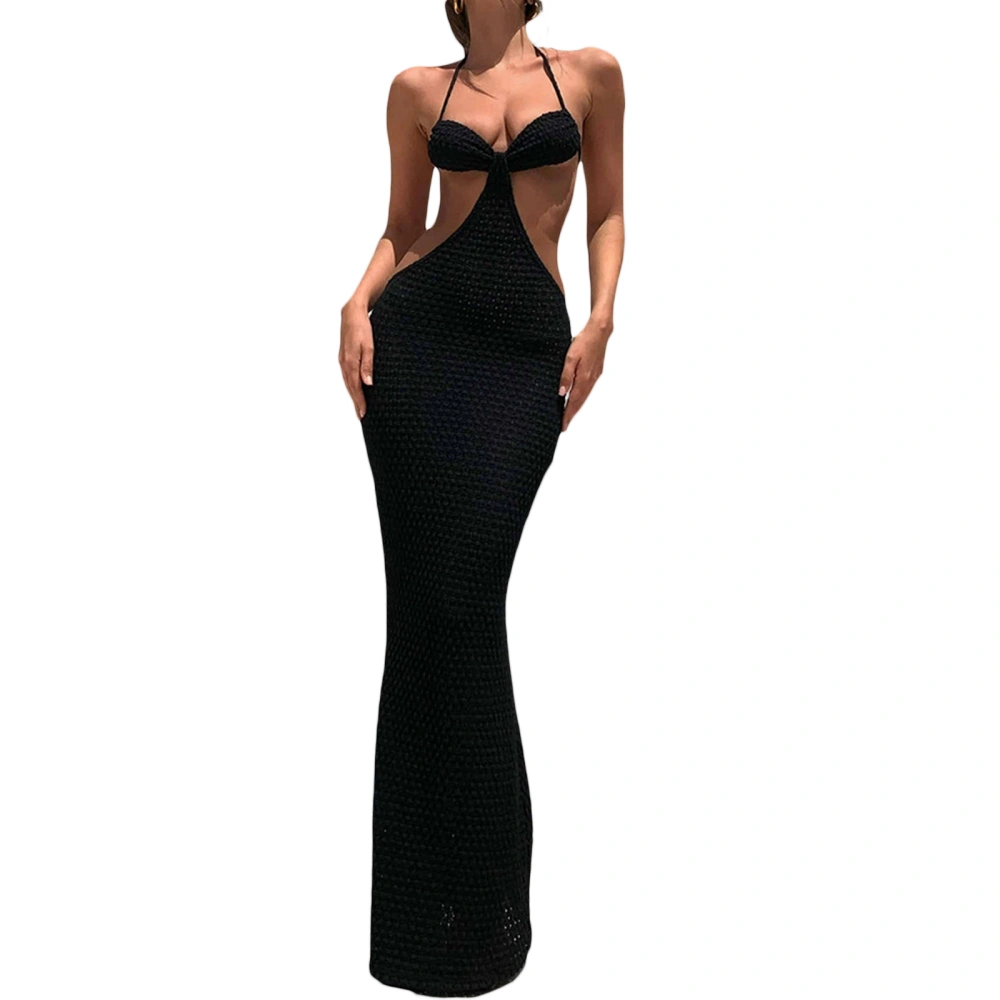 Ladies Hollow Bodycon Dress, Hanging Neck Backless Tie Up Long Skirt