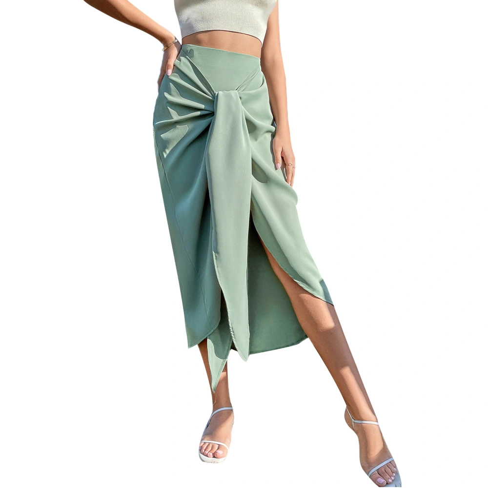 Women High Waist Skirt, Solid Color Tie-up Front Split Midi Skirts