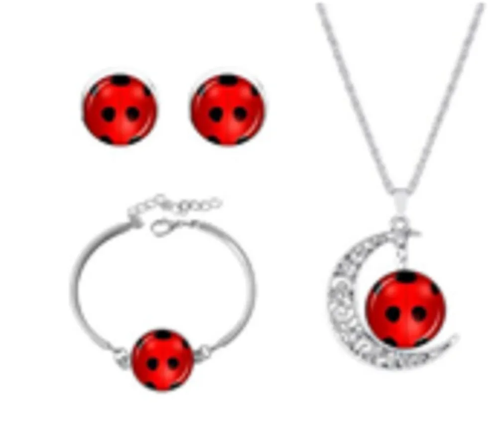 3PCS Women Shiny Jewelry Set Seven Star Ladybug/Foot Earrings Bracelet Necklace