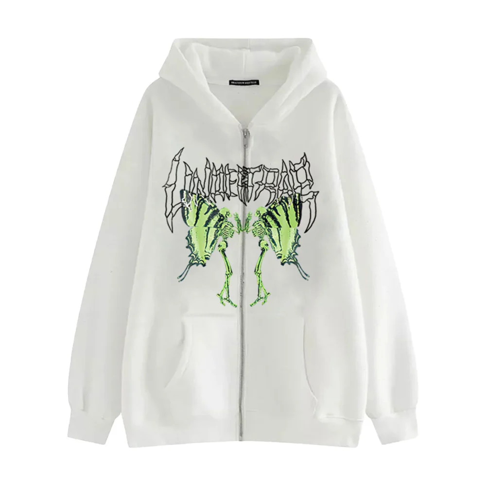 Women's Skull Butterfly Hoodies, Long Sleeve Loose Zip Up Sweatshirts