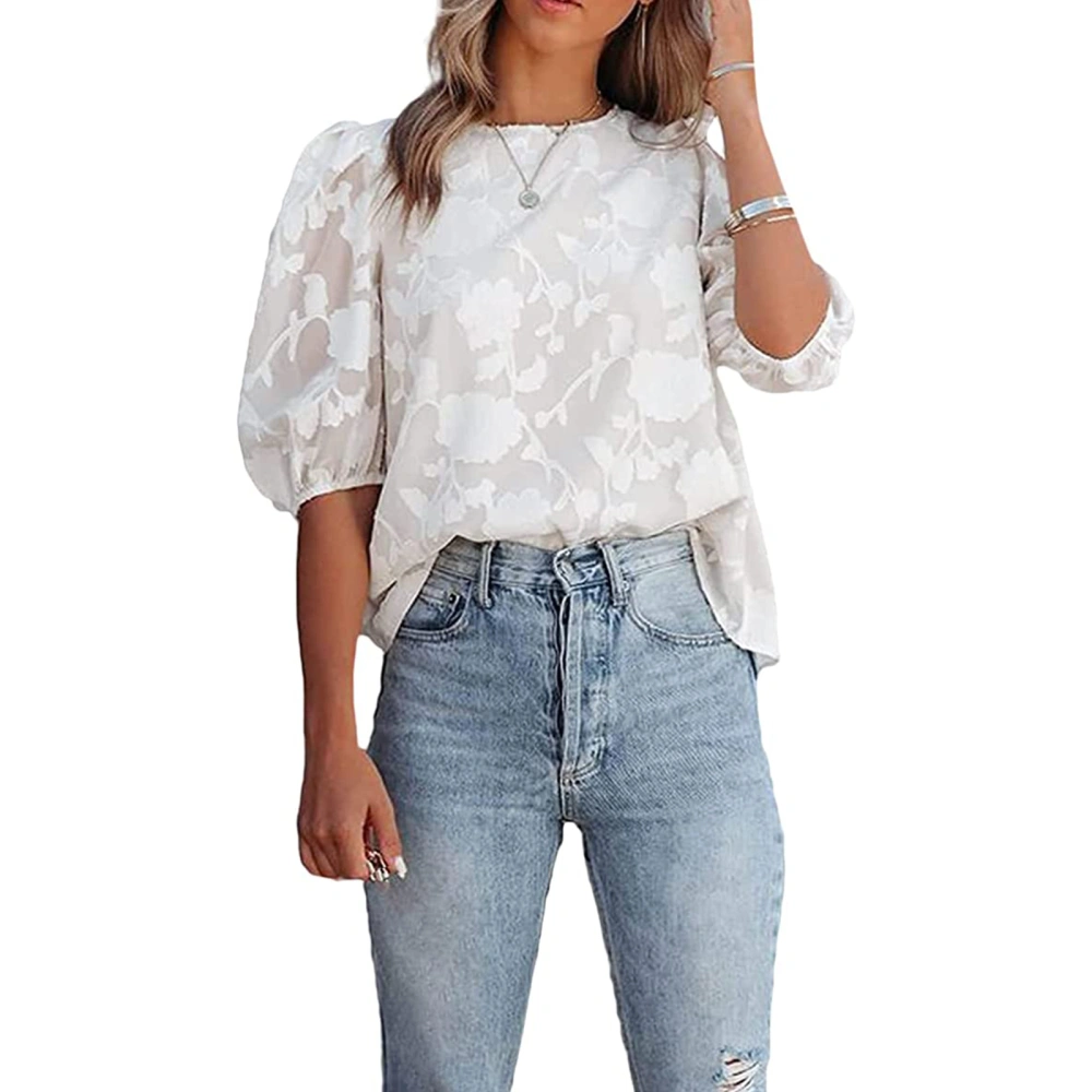 Women's Summer Half Puff Sleeve Round Neck Casual Floral Blouse