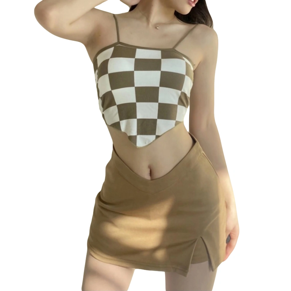 Ladies Midriff-baring Camisole, Checkerboard Plaid Sleeveless Tops