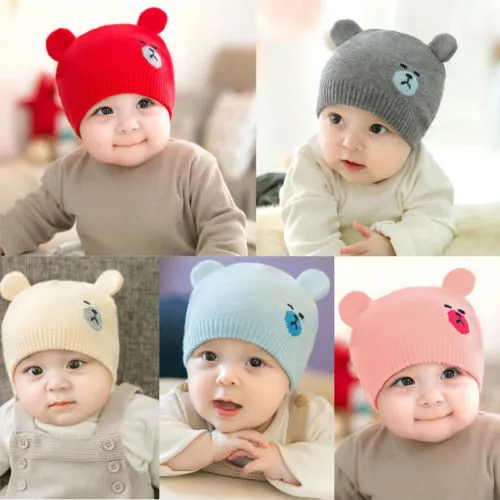 Baby Cute Bear Ears Hats Pure Color Elastic Soft Warm Beanie Knitted Hat