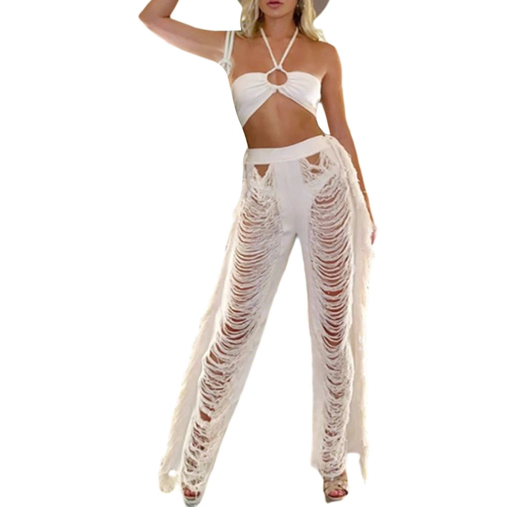 Women Hollow Long Trousers, Tassels Ripped Beach Straight-leg Pants