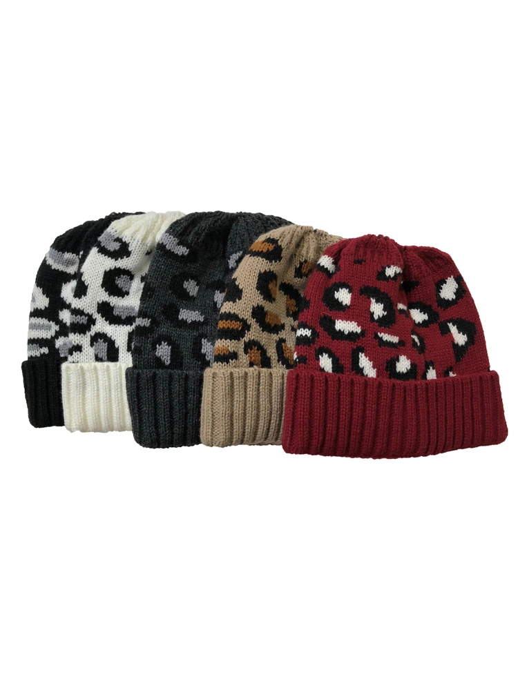 Ladies Cap Knitted Leopard Jacquard Stretch Outdoor Ponytail Hat