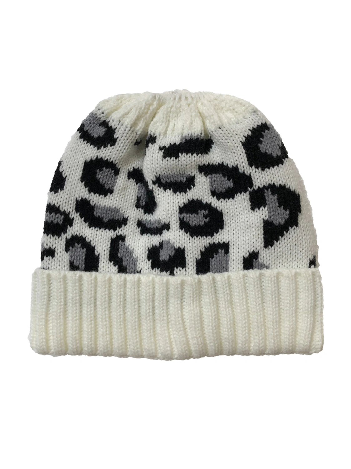 Ladies Cap Knitted Leopard Jacquard Stretch Outdoor Ponytail Hat