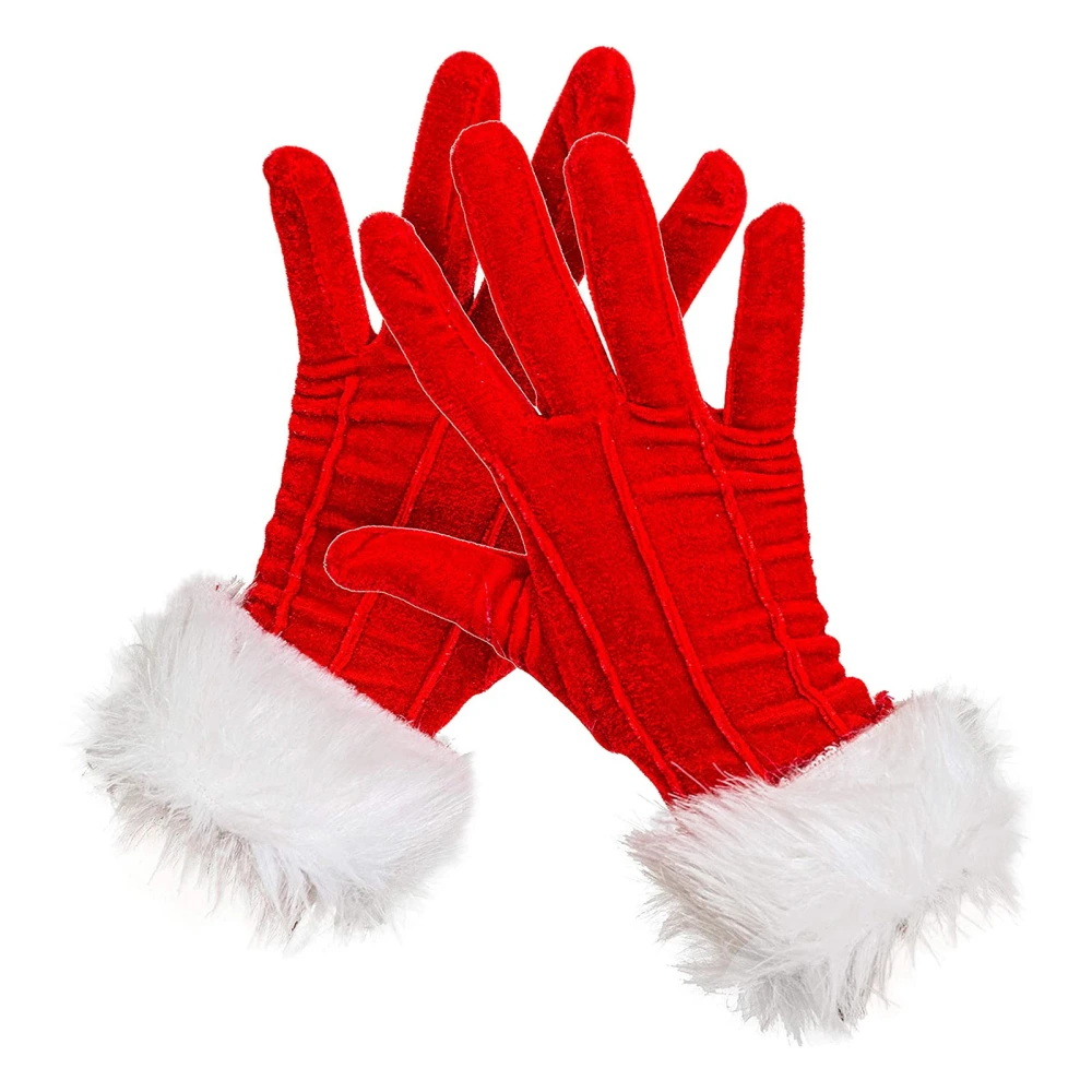 Christmas Red Costume Gloves, Velvet Gloves with White Furry Cuff